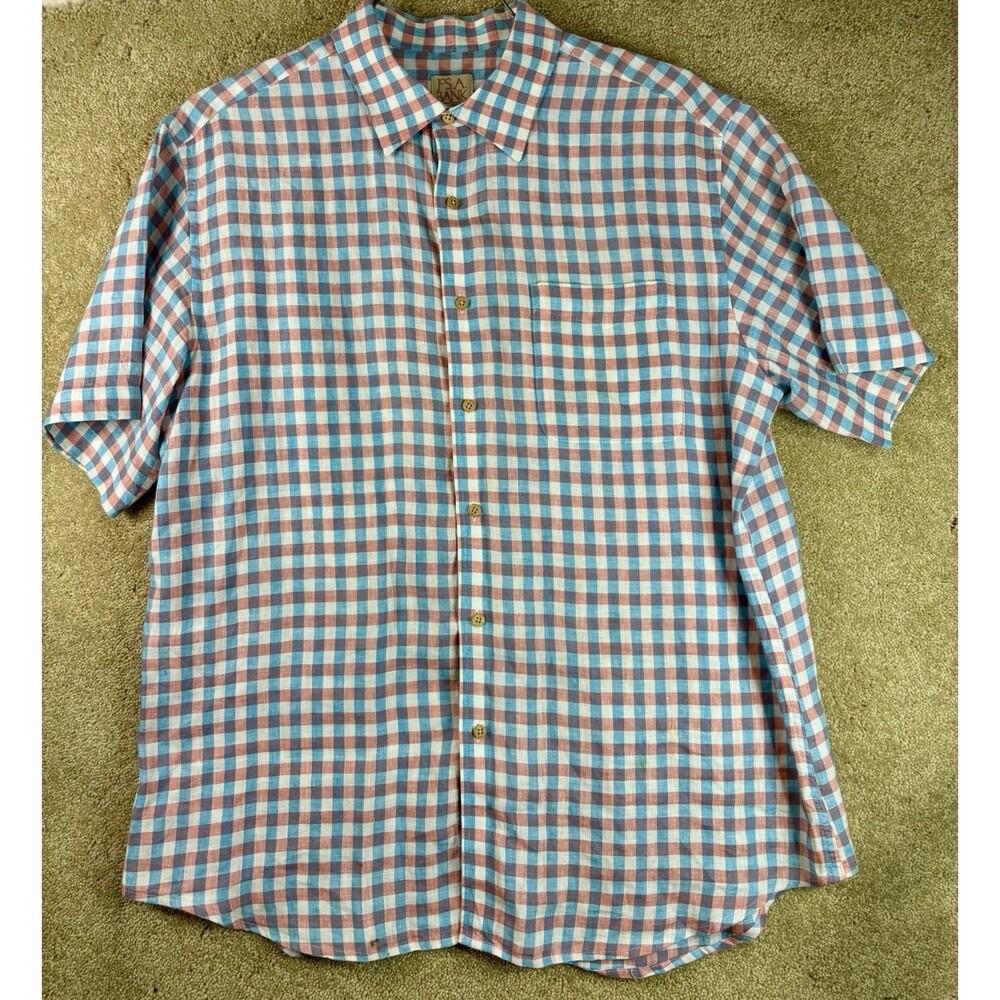 Jos A Bank Linen Shirt Mens Large Buffalo Check Plaid Blue Red Short Sleeve Prep